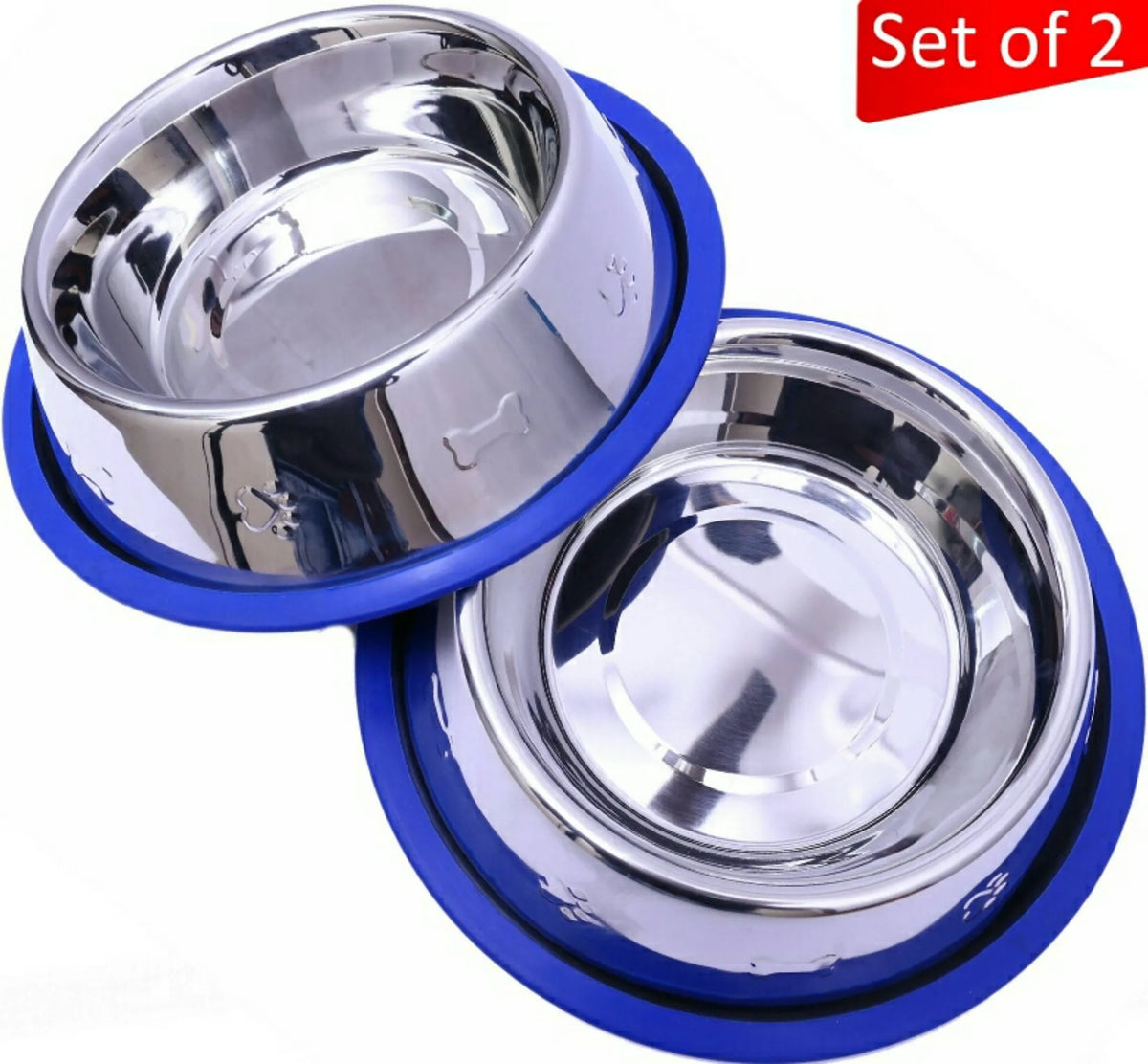 Etched Stainless Steel Dog Bowls with Blue Silicone Base - Bellhaven & Co.