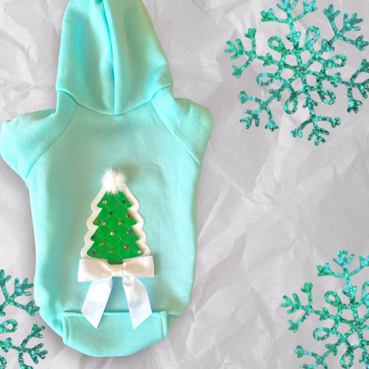 Quilted Christmas with Rhinestone Tree Dog Hoodie