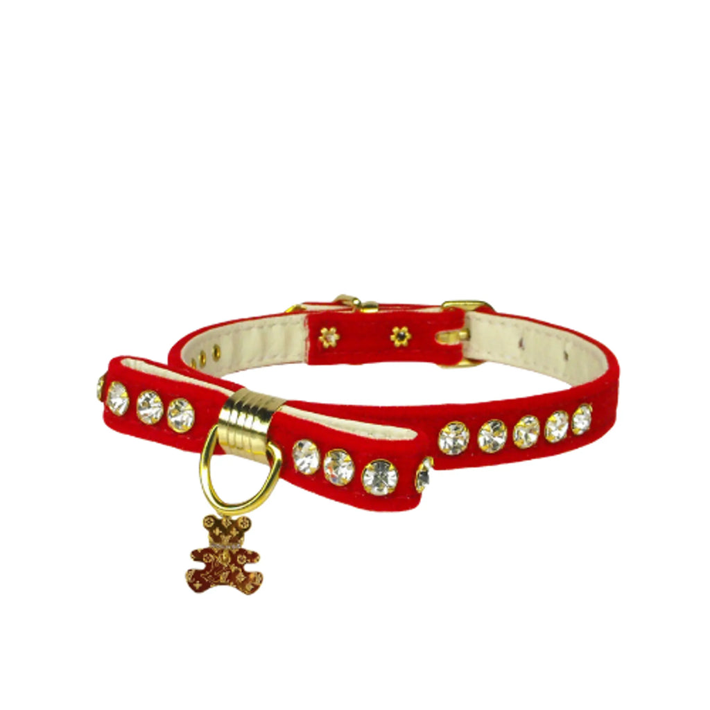 Velvet Bow Bear Charm Collar- Dog Collar - Bellhaven & Co.