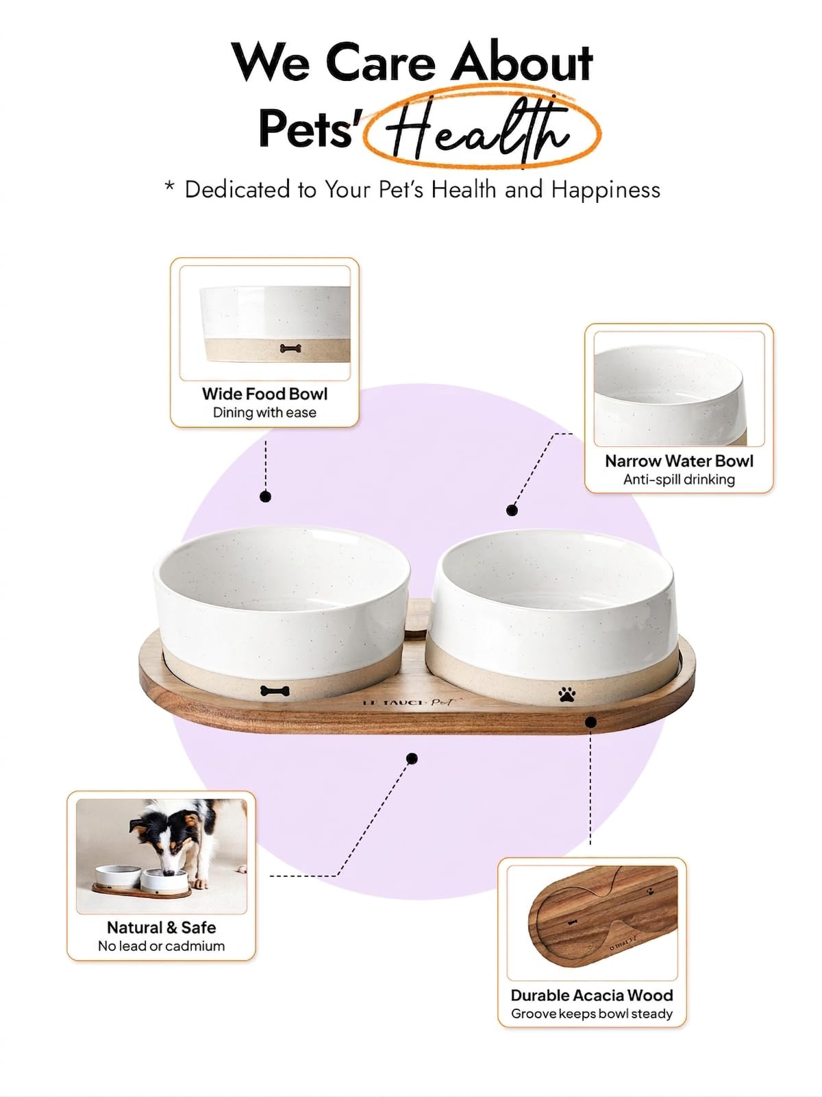 LE TAUCI Ceramic Dog and Cat Bowls Set with Acacia Wood Tray 2 Cup Weighted Non-Slip - Bellhaven & Co.