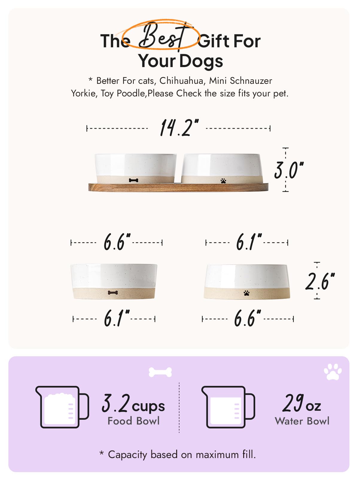 LE TAUCI Ceramic Dog and Cat Bowls Set with Acacia Wood Tray 2 Cup Weighted Non-Slip - Bellhaven & Co.