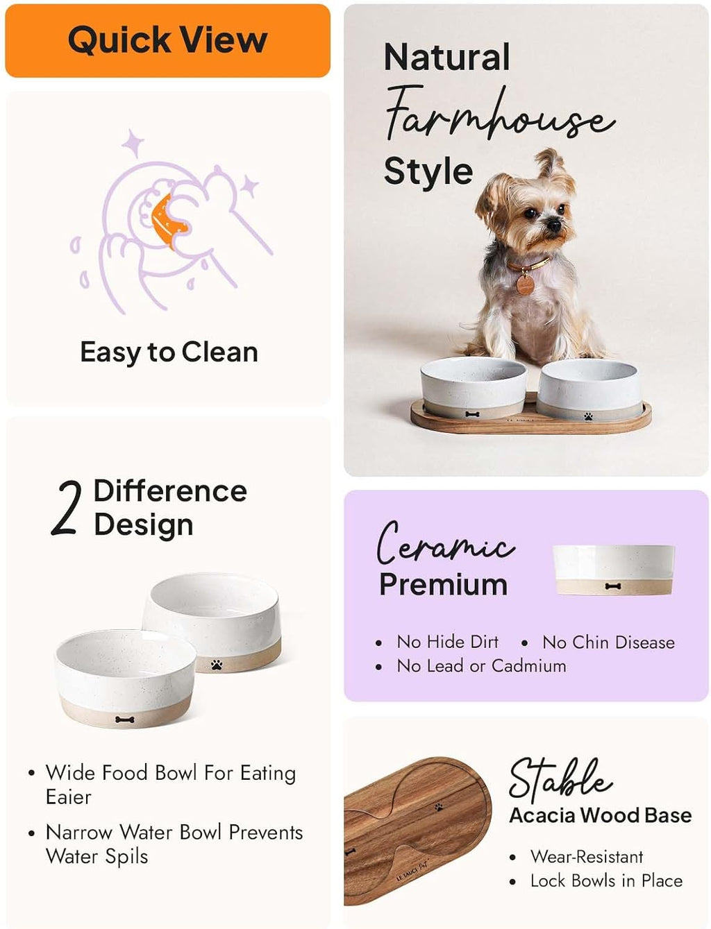 LE TAUCI Ceramic Dog and Cat Bowls Set with Acacia Wood Tray 2 Cup Weighted Non-Slip - Bellhaven & Co.