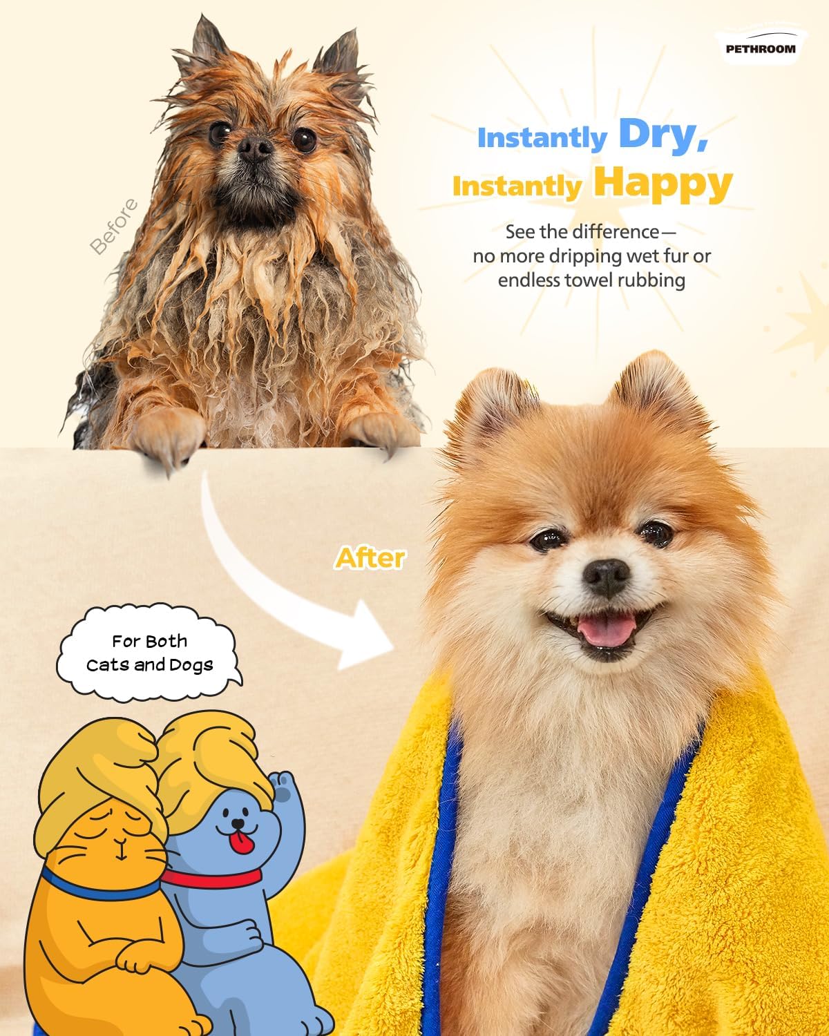 PETHROOM Ultra Absorbent Pet Towel Quick-Drying Soft Microfiber Dog & Cat Bath Towel