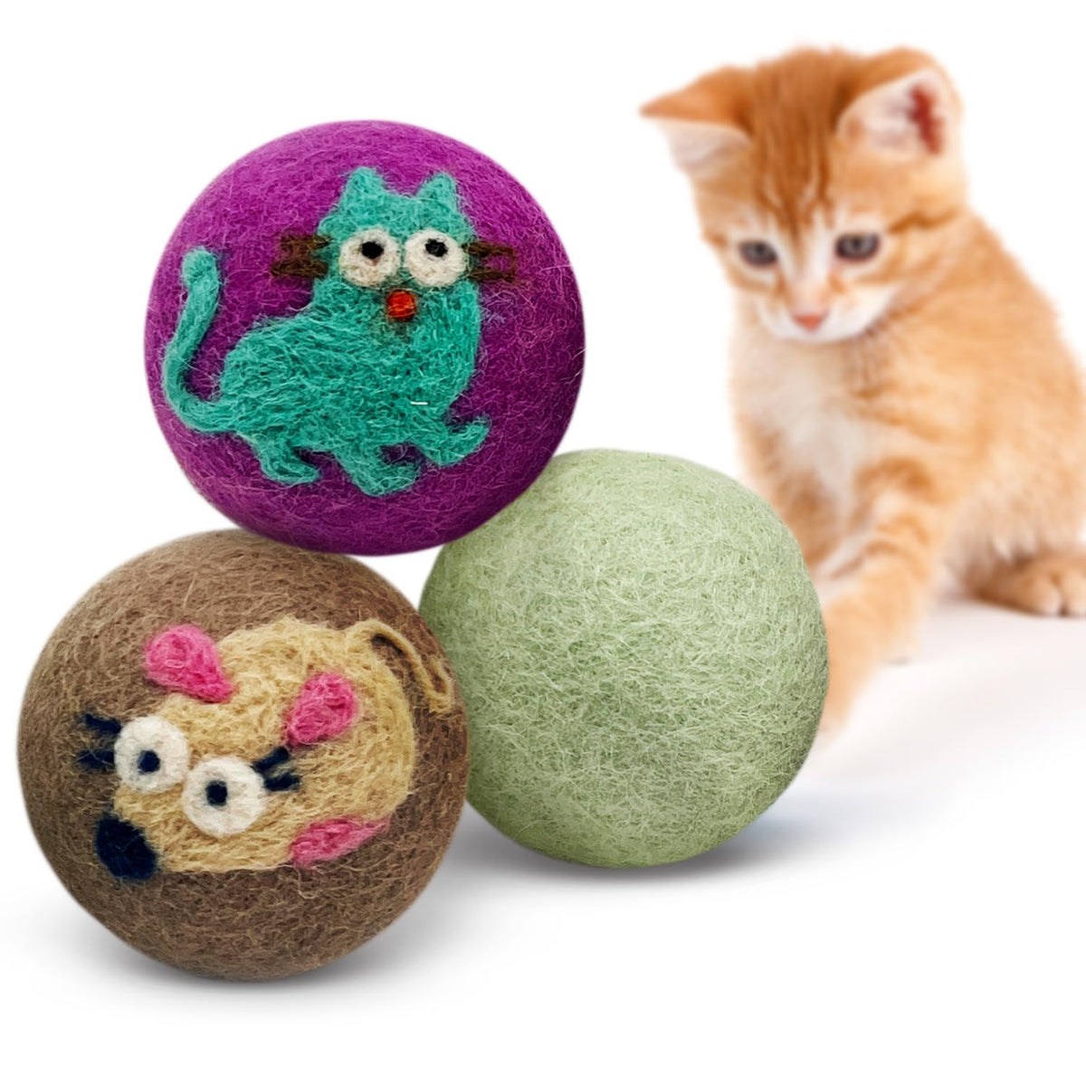 Love Ewe Wool Cat Toys Ball 3 Pack, 2-inch Fish and Bird - Bellhaven & Co.