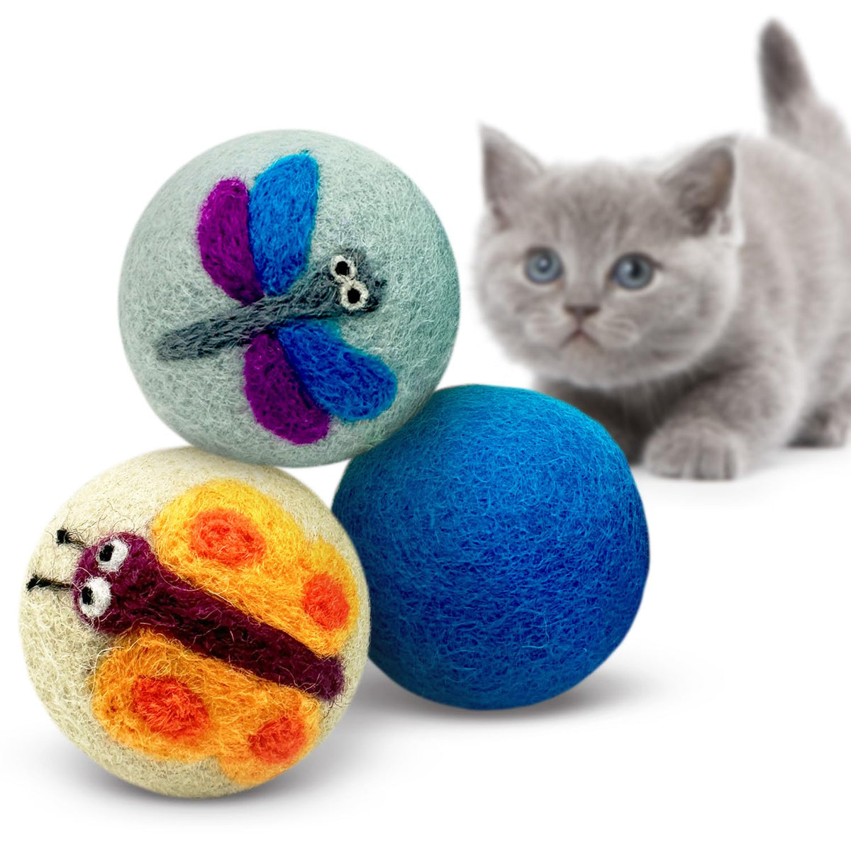 Love Ewe Wool Cat Toys Ball 3 Pack, 2-inch Fish and Bird - Bellhaven & Co.