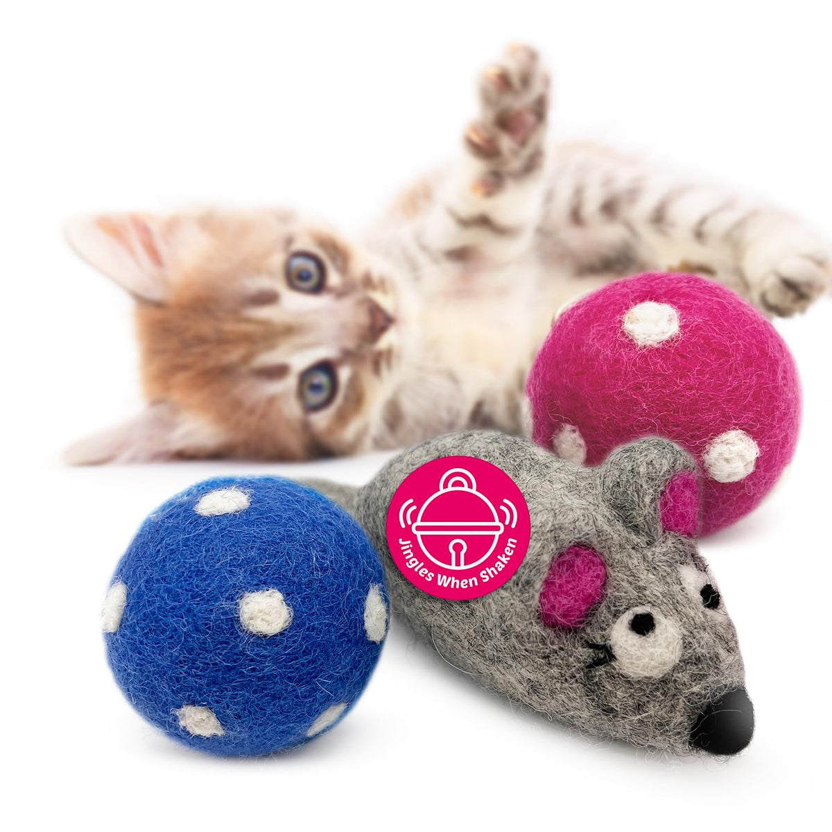 Love Ewe Wool Cat Toys Ball 3 Pack, 2-inch Fish and Bird - Bellhaven & Co.