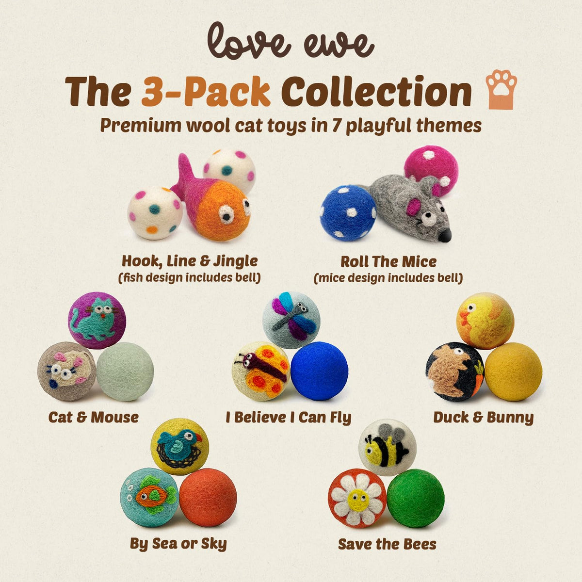Love Ewe Wool Cat Toys Ball 3 Pack, 2-inch Fish and Bird - Bellhaven & Co.