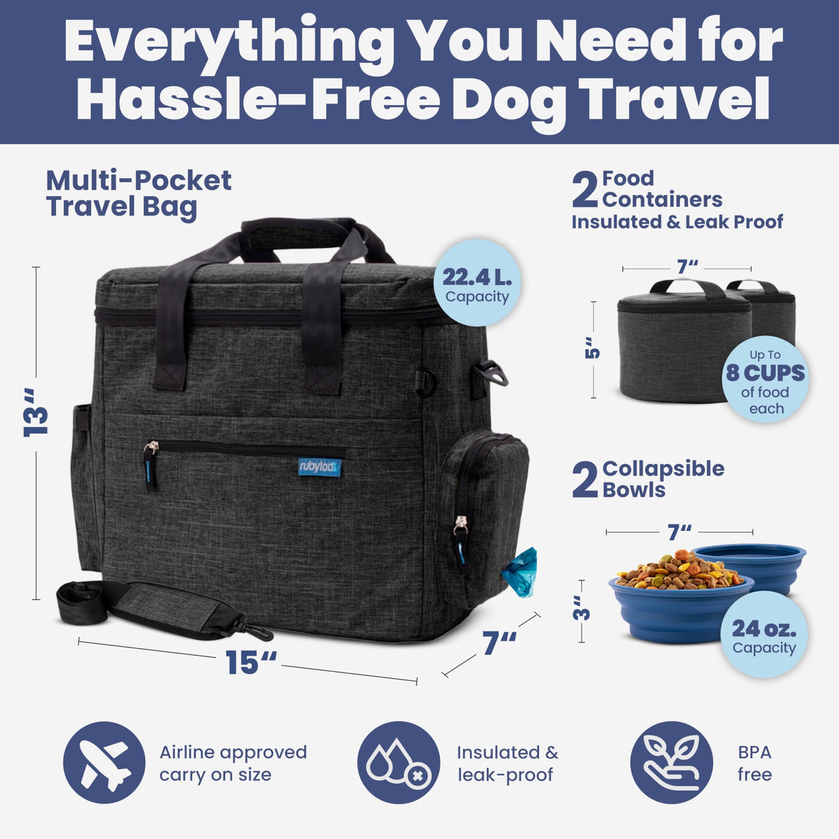 Rubyloo Original Doggy Bag™ Dog Travel Bag for Supplies with Bowls