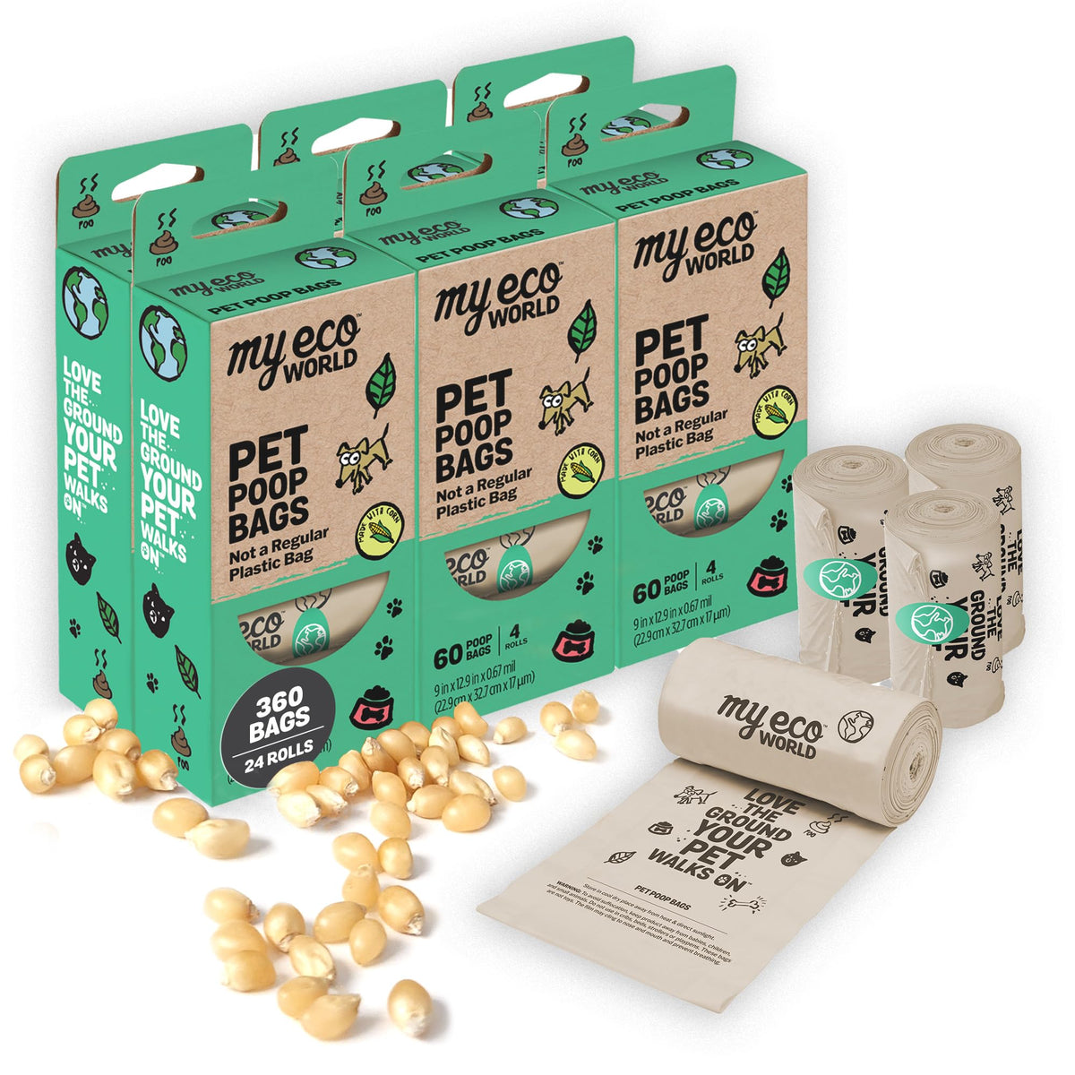 MyEcoWorld® Compostable Pet Poop Bags Made with Corn and Other Certified Compostable