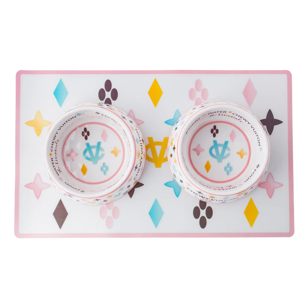 White Chewy Vuiton Bowls & Mat Bundle - Bellhaven & Co.
