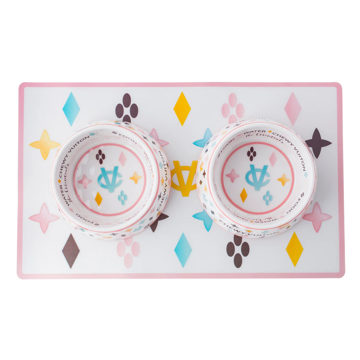White Chewy Vuiton Bowls & Mat Bundle - Bellhaven & Co.