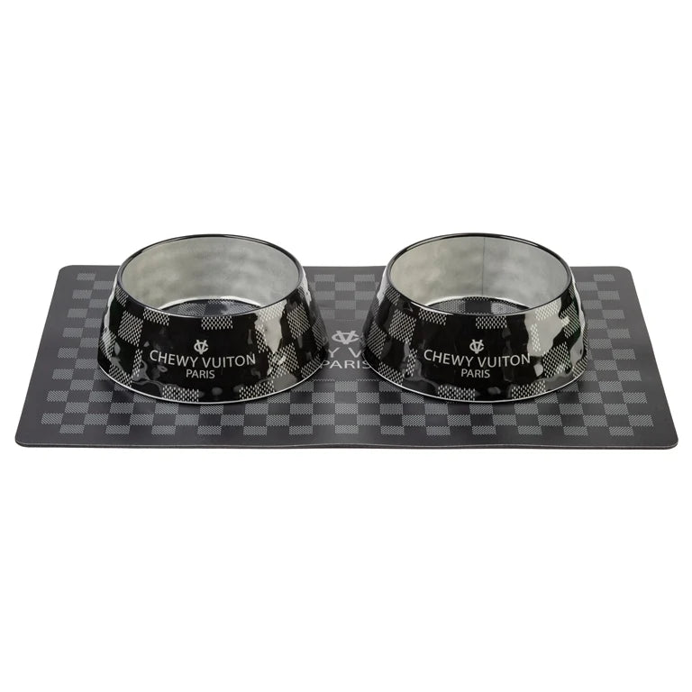 Black Checker Chewy Vuiton Bowls & Placemat Bundle - Bellhaven & Co.