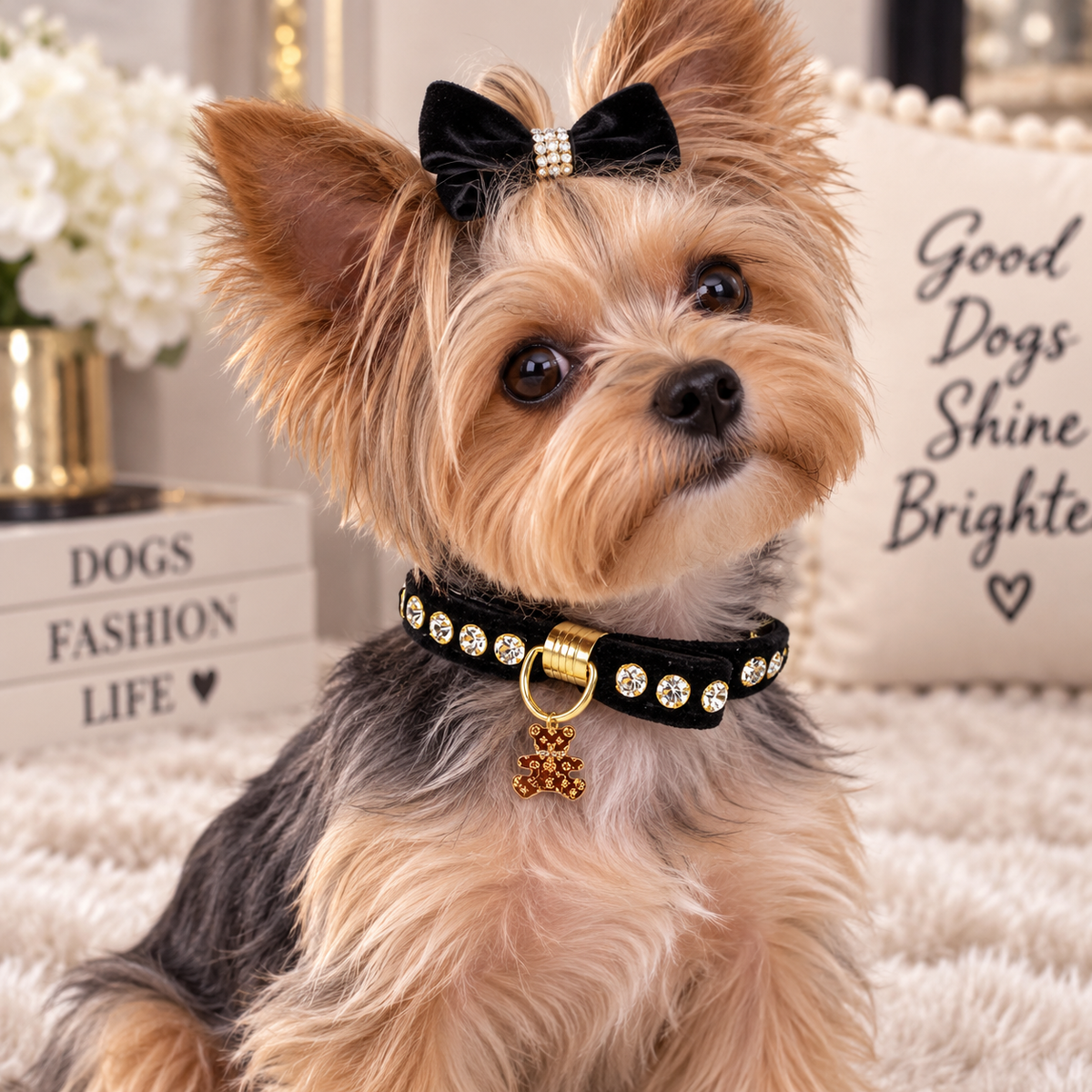Velvet Bow Bear Charm Collar- Dog Collar