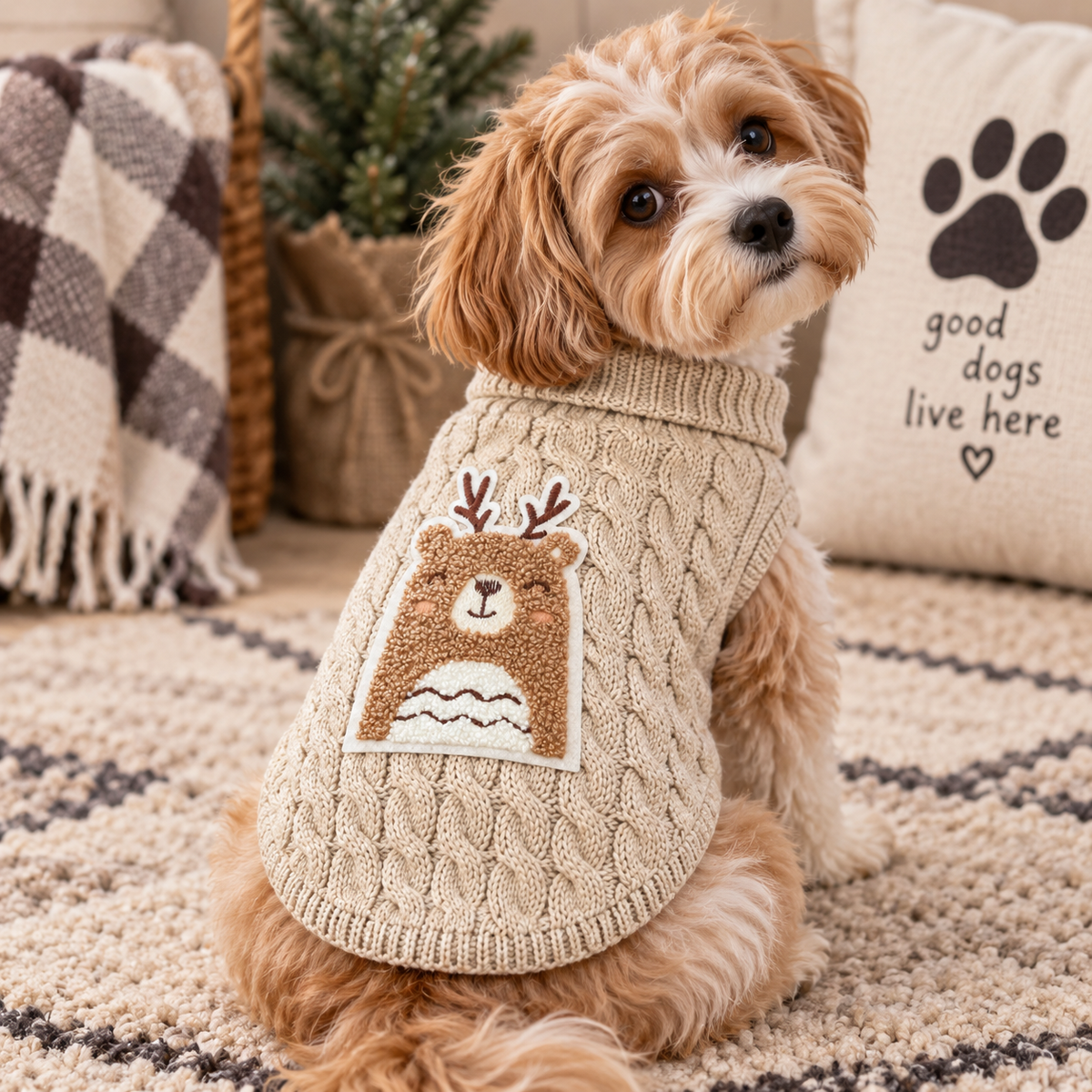 Antler Bear Knit Dog Sweater With Chenille Bear